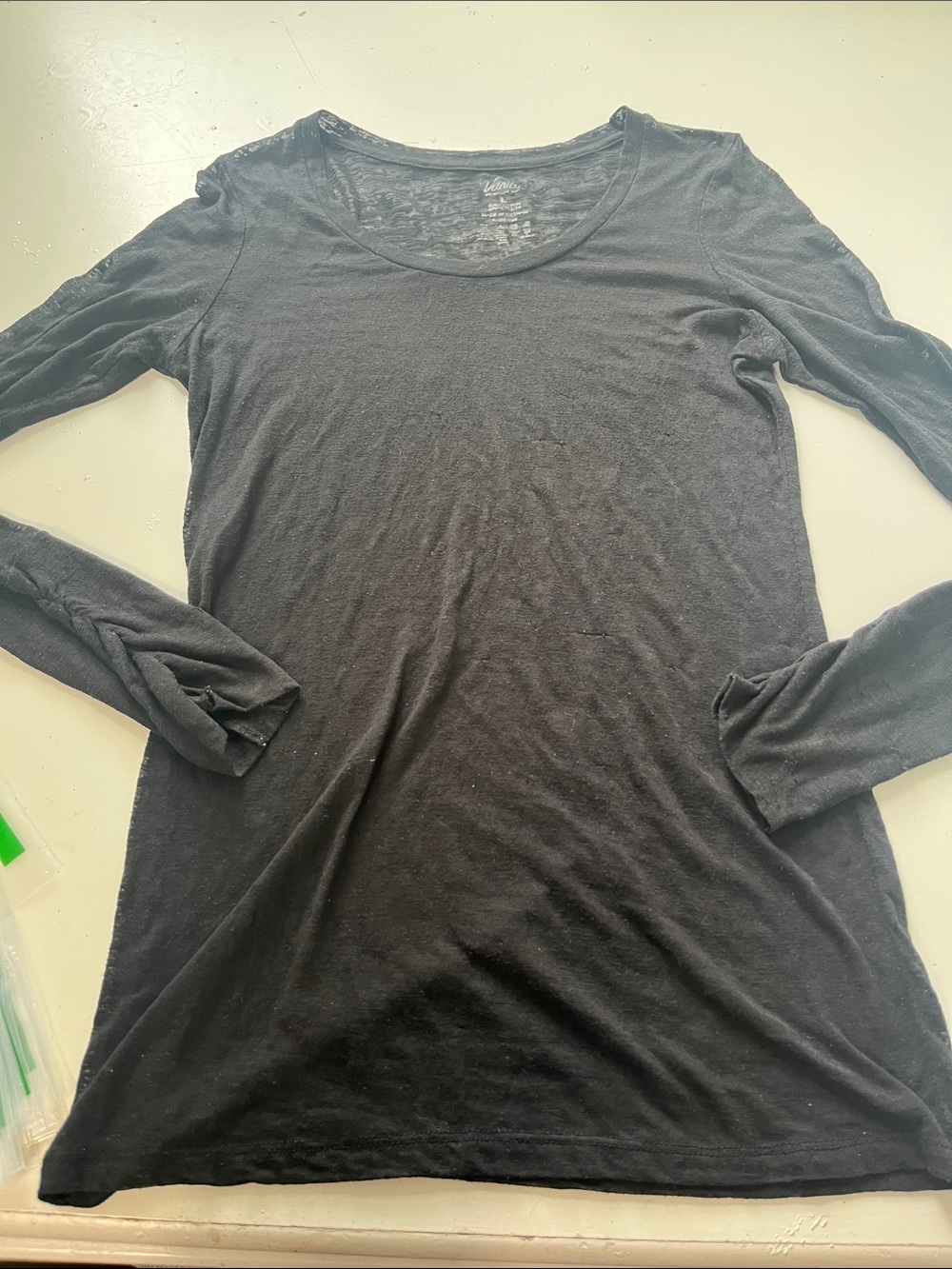 Vanity Essentials Large Black Long Sleeve Scoop Neck Sheer Patterned T Shirt